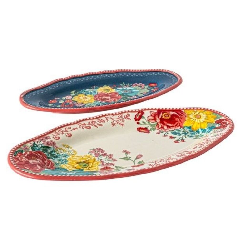 Pioneer Woman Fancy Flourish Narrow Platter Set of 2 Floral Pink Blue